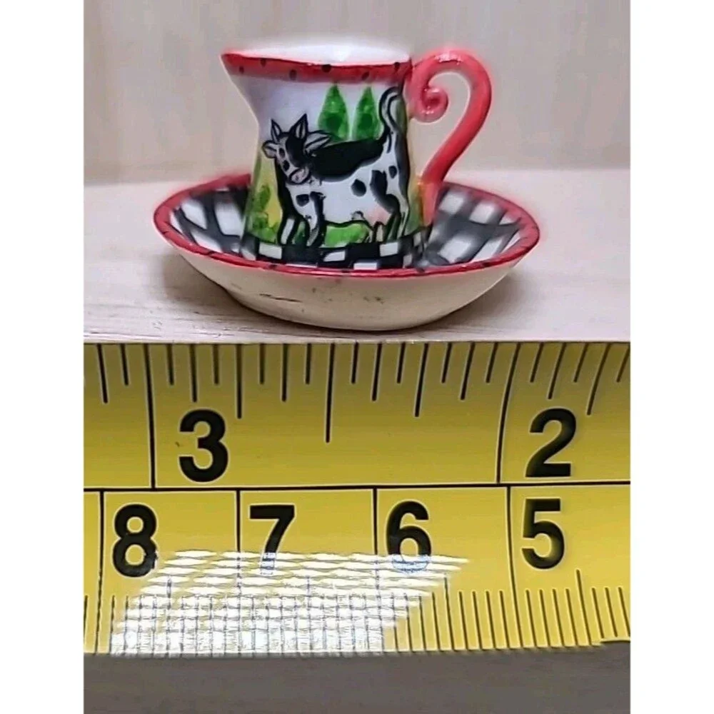 Vintage Miniature Cow Pitcher & Bowl Farmhouse Black White Checkered